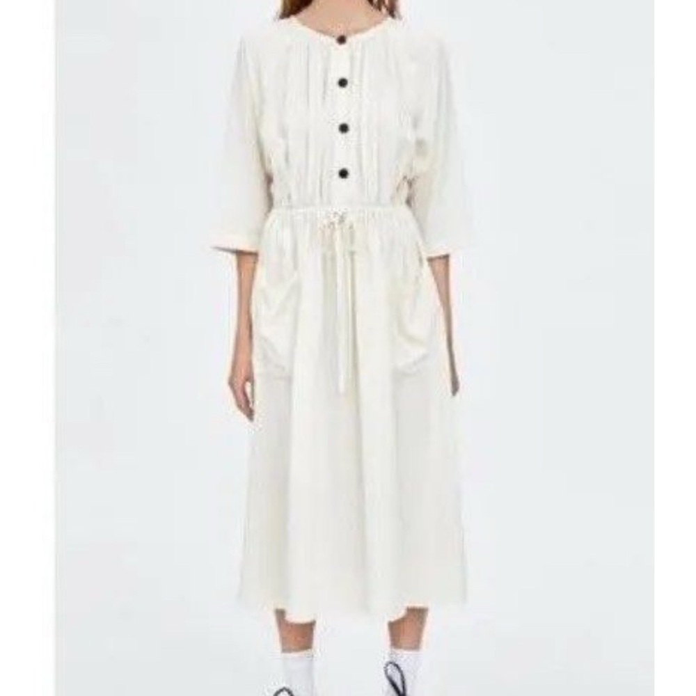 Zara Cream linen viscose blend Midi Dress